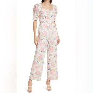 Adelyn Rae White and Pink Floral Jumpsuit with Wide-Leg Design